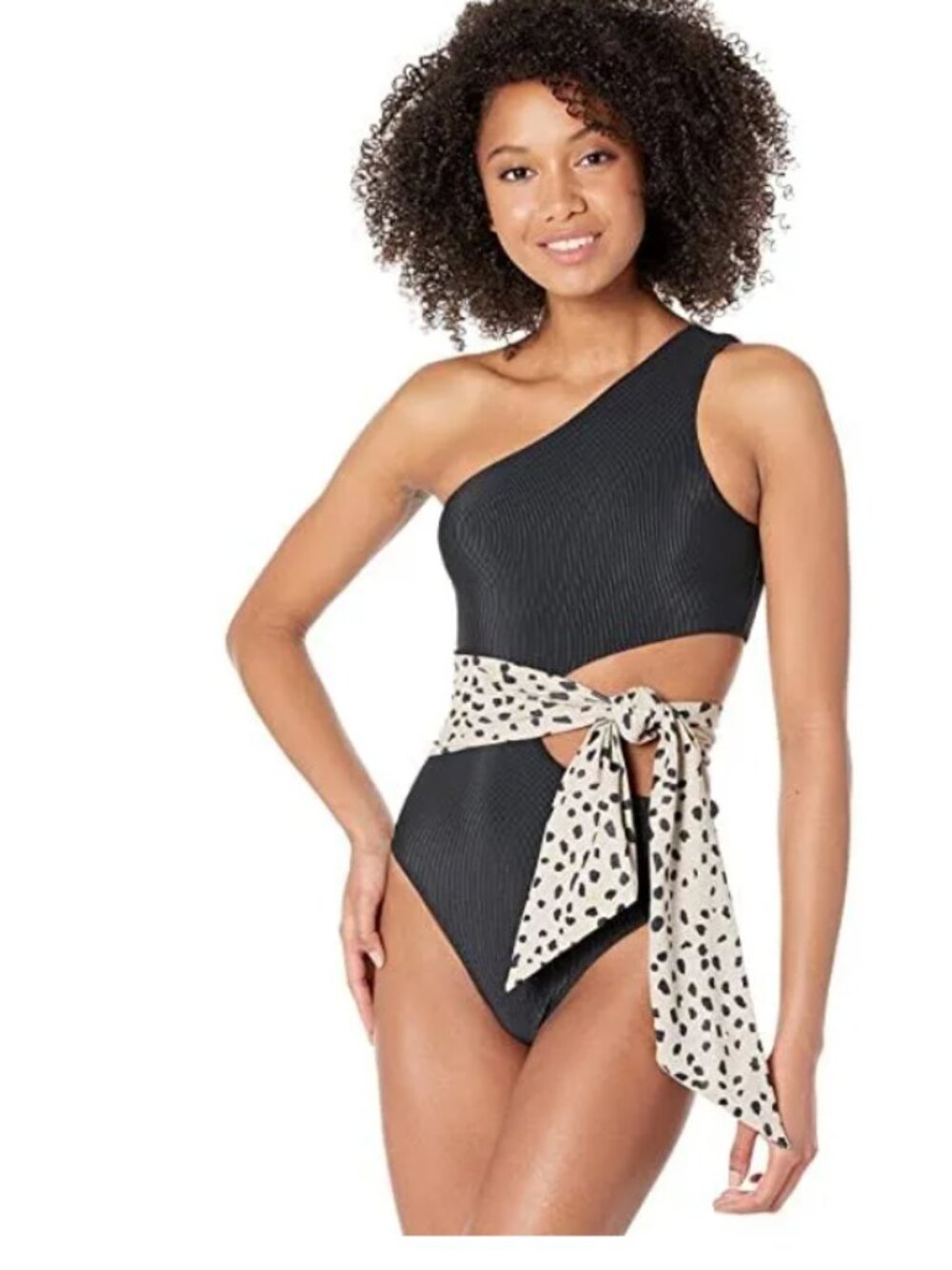 NWOT Beach Riot Carlie One-Piece Swim Suit Sz Medium Black-Taupe Polka-Dot Sash - Picture 4 of 9